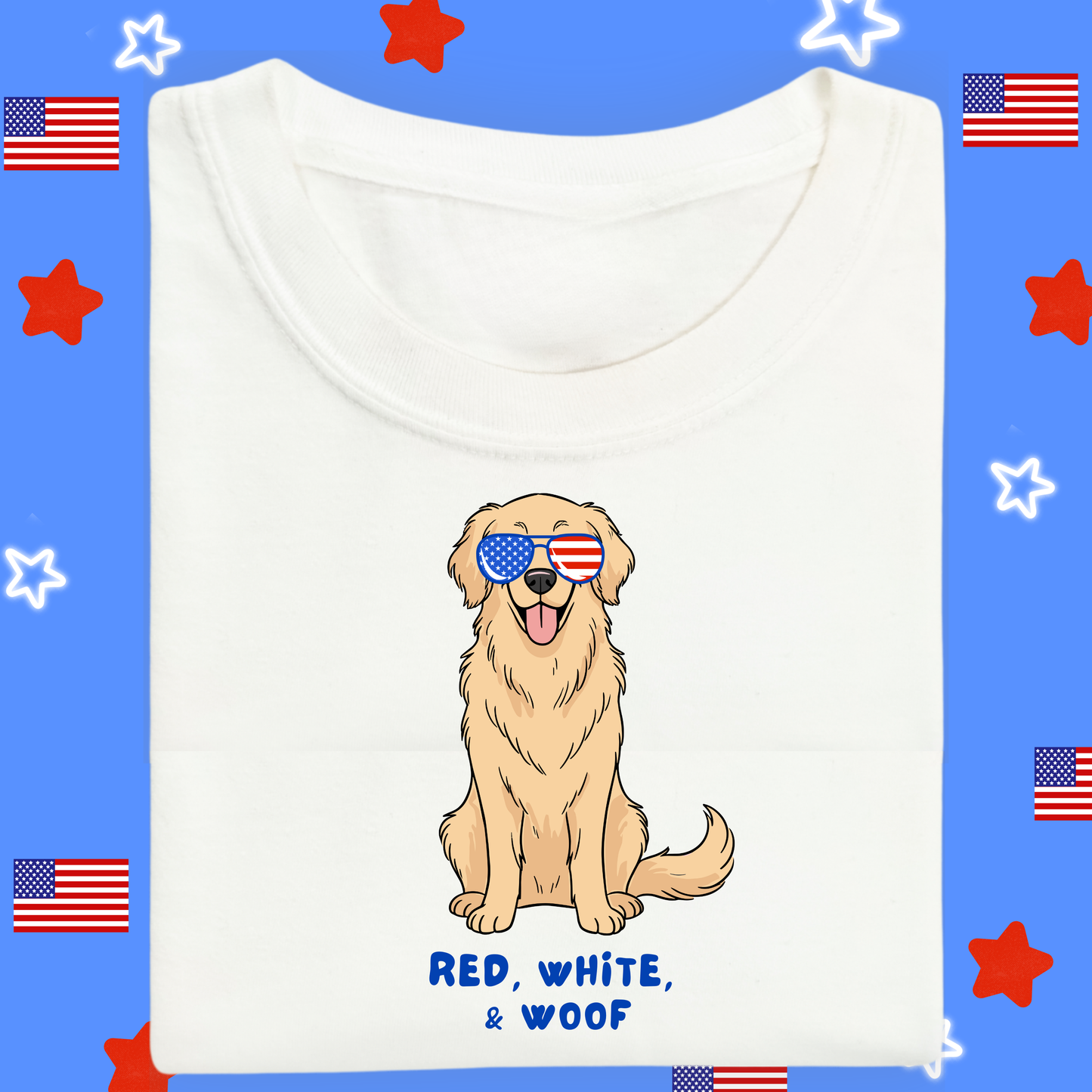 the KIDS RED, WHITE, & WOOF tee