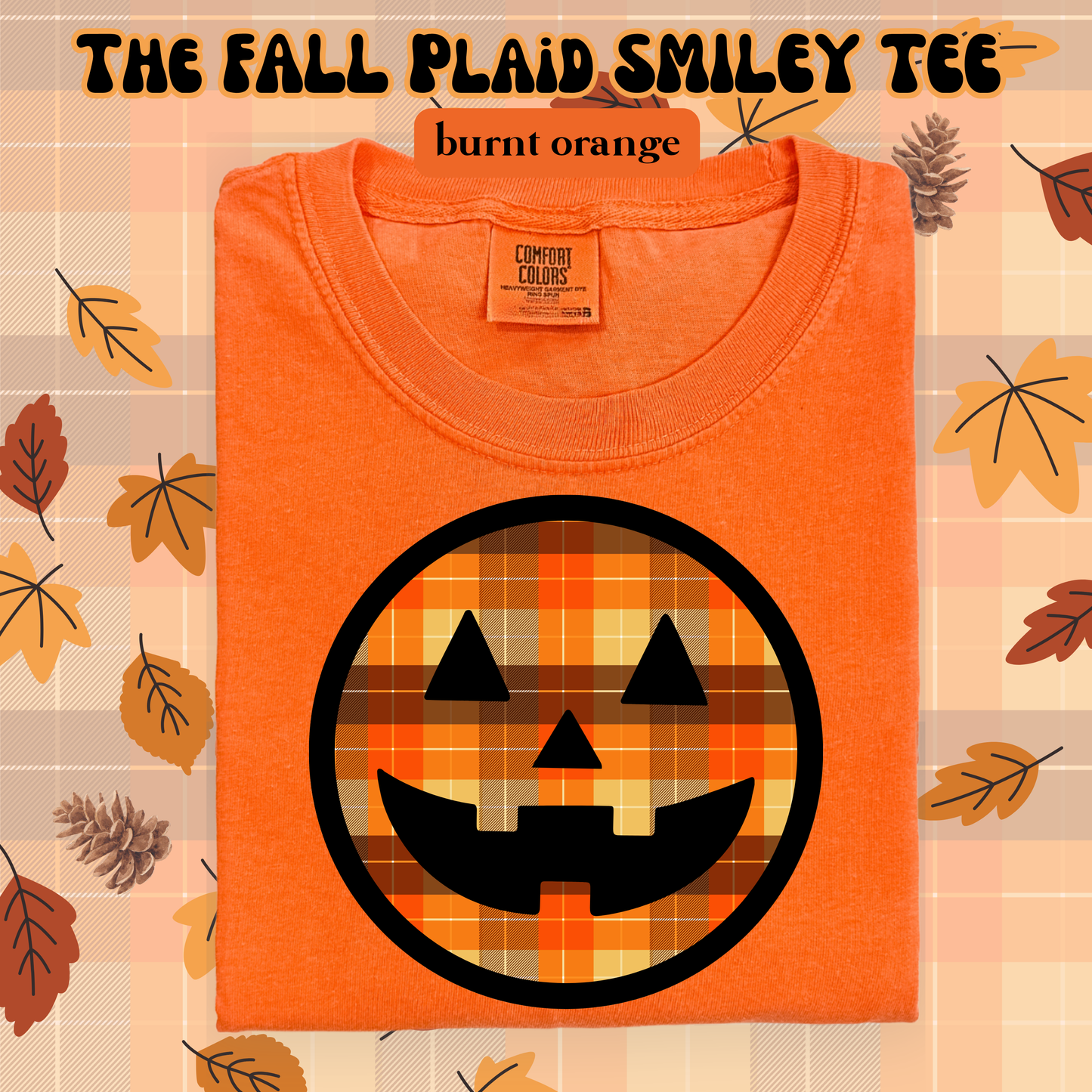 the FALL PLAID SMILEY tee
