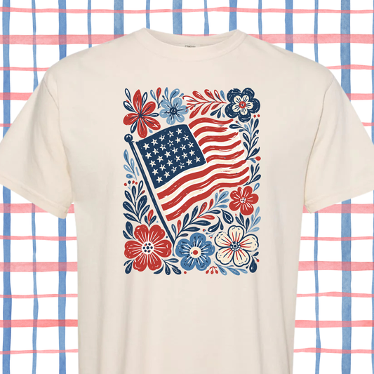 the ADULT BLOOMIN' FLAG tee